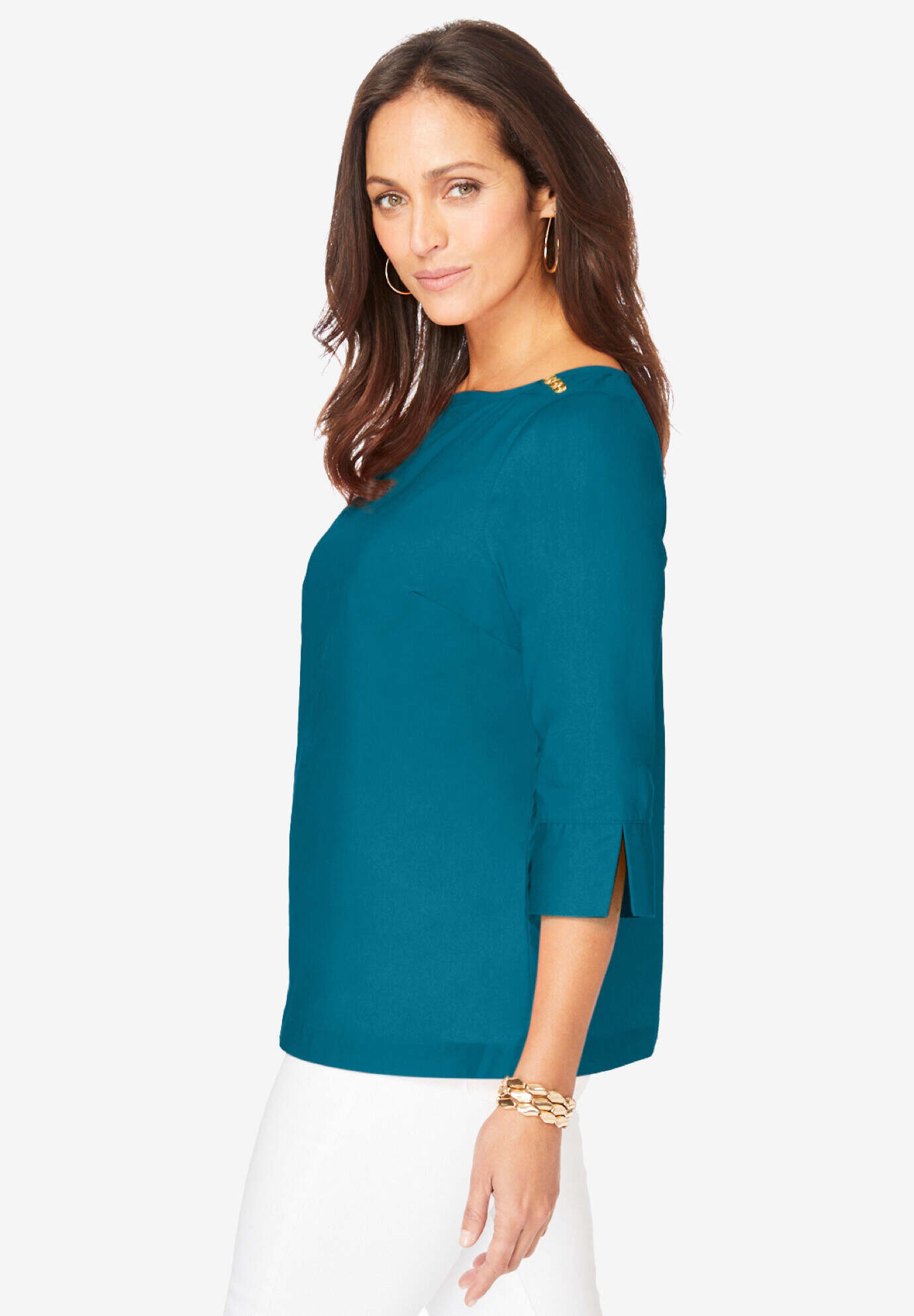 Stretch Poplin Button Boatneck Tunic