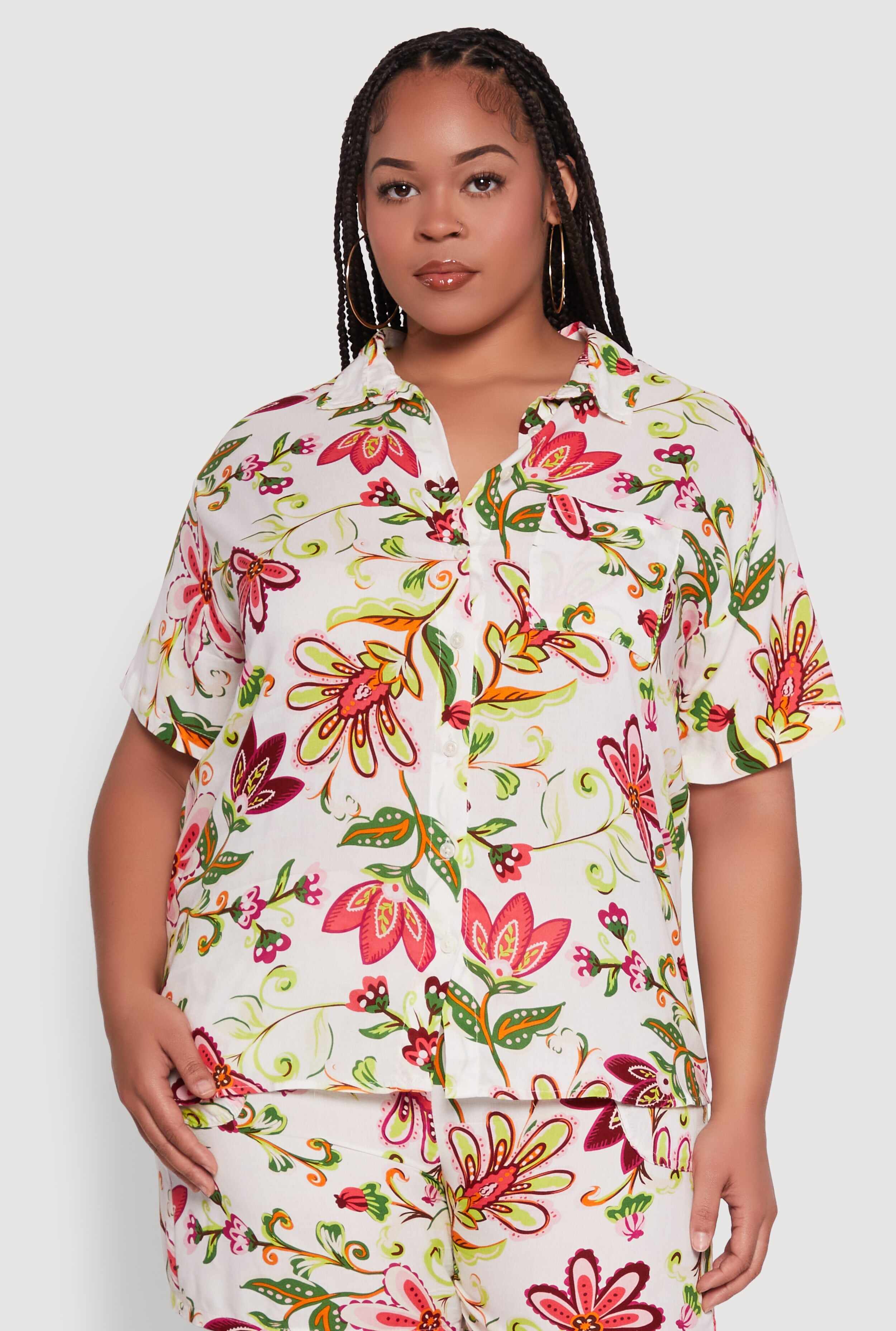 Plus Size Floral Print Button Front Shirt