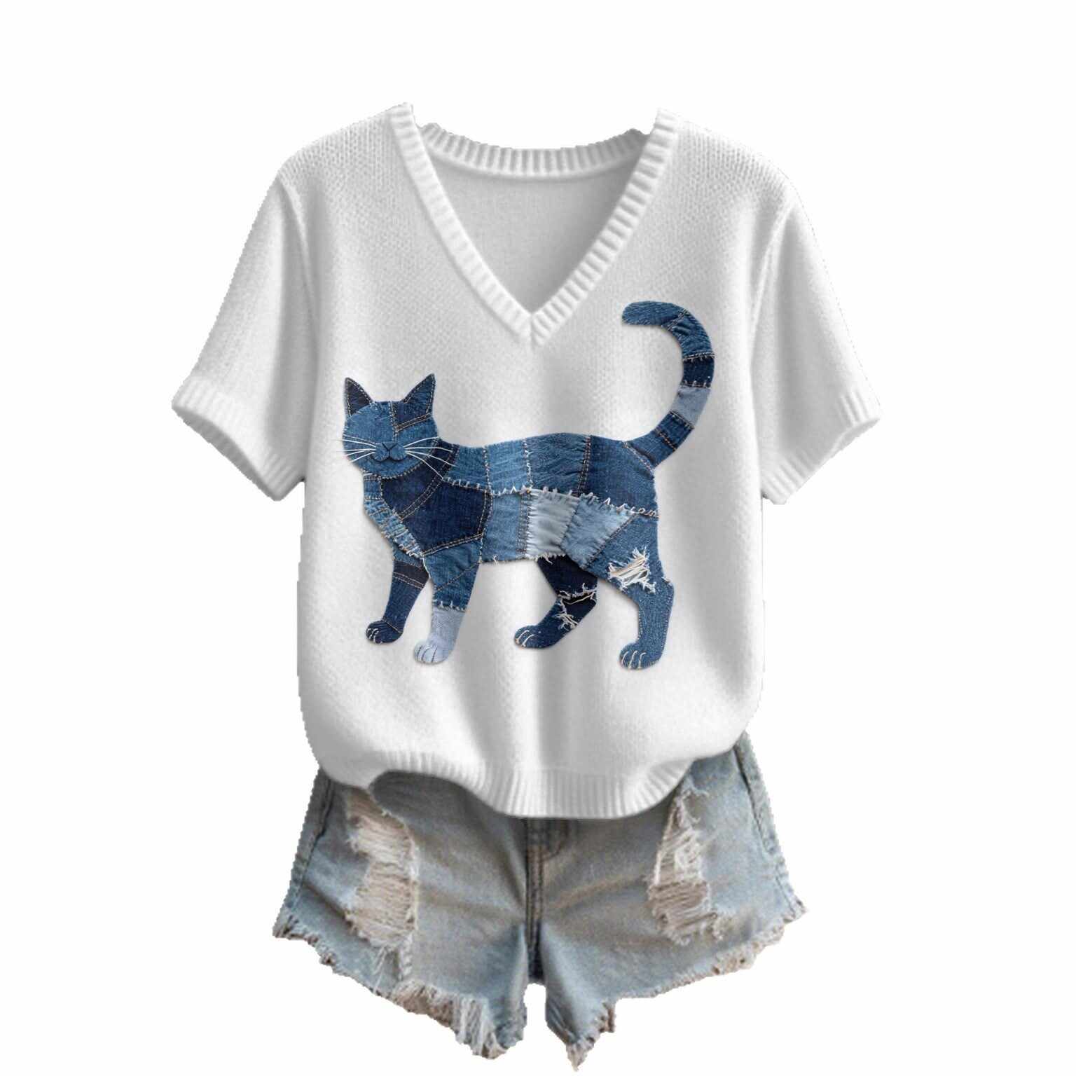 Imitation Sweaters Women's Clothing Short Sleeve V-neck Loose Top