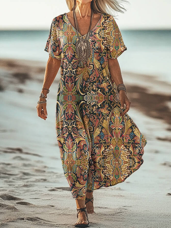 Women's Retro Ethnic Totem Print V Neck Short Sleeve Cotton Pocket Dress