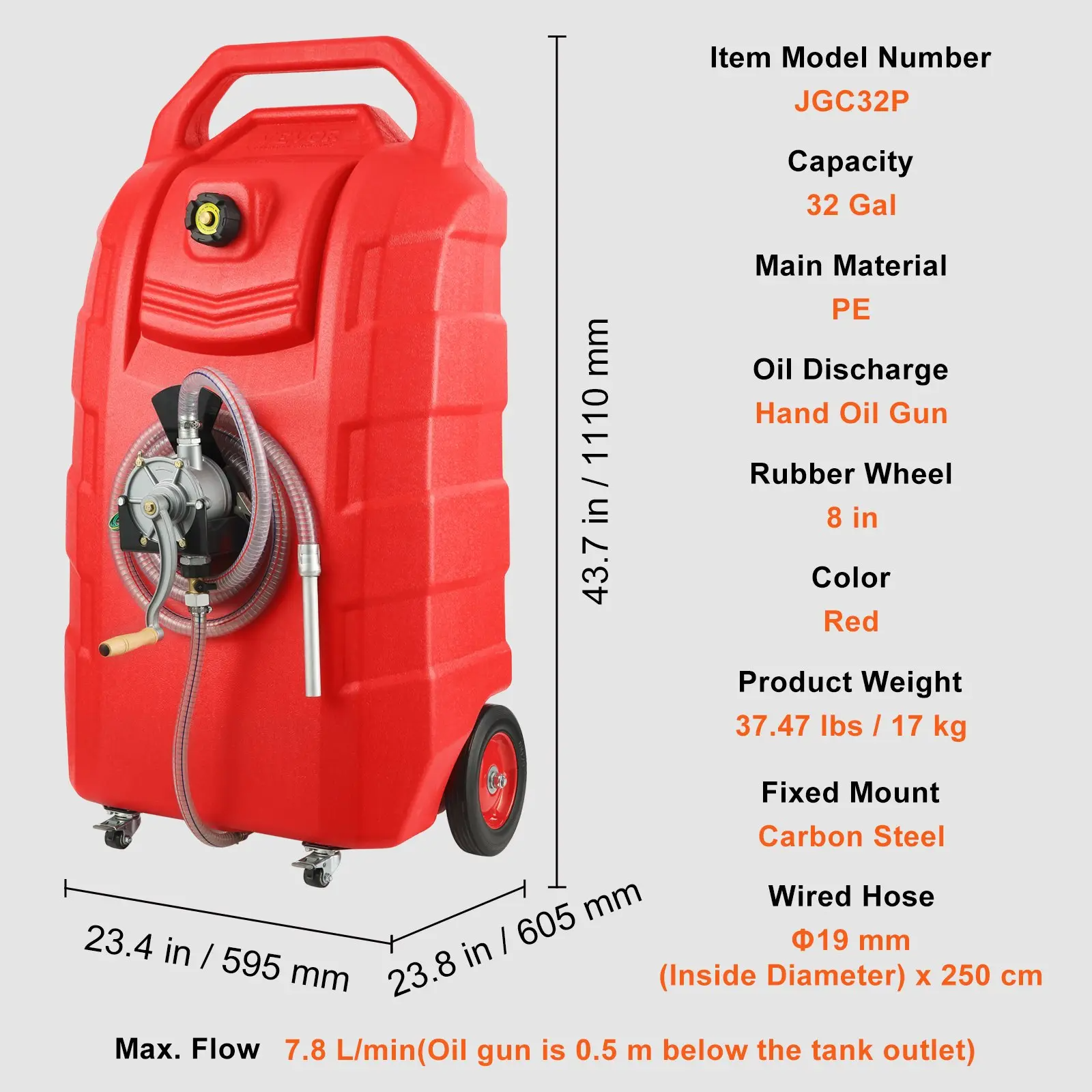 Fuel Caddy,, 32 Gallon, Portable Fuel Storage Tank On-Wheels, with 12V DC Transfer Pump, Gasoline Diesel Fuel Container with 8.2 ft Hose, Flow Rate 7L/min, for Trucks, Boats, Lawn Mowers
