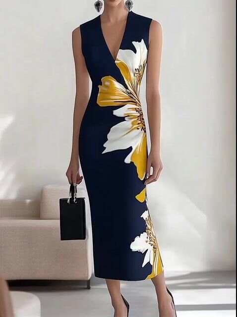Navy Blue V-Neck Sleeveless Dress with Floral Print