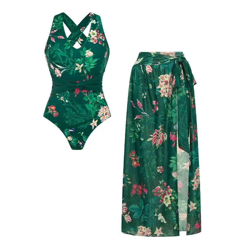 V Neck Blossom Print Swimsuit Set