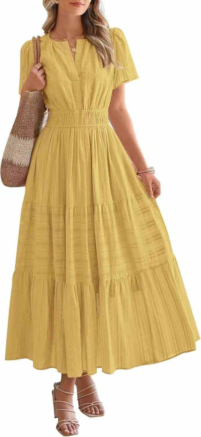 Lightweight Summer Maxi Dress with Pockets, V-Neck & Elastic Waist
