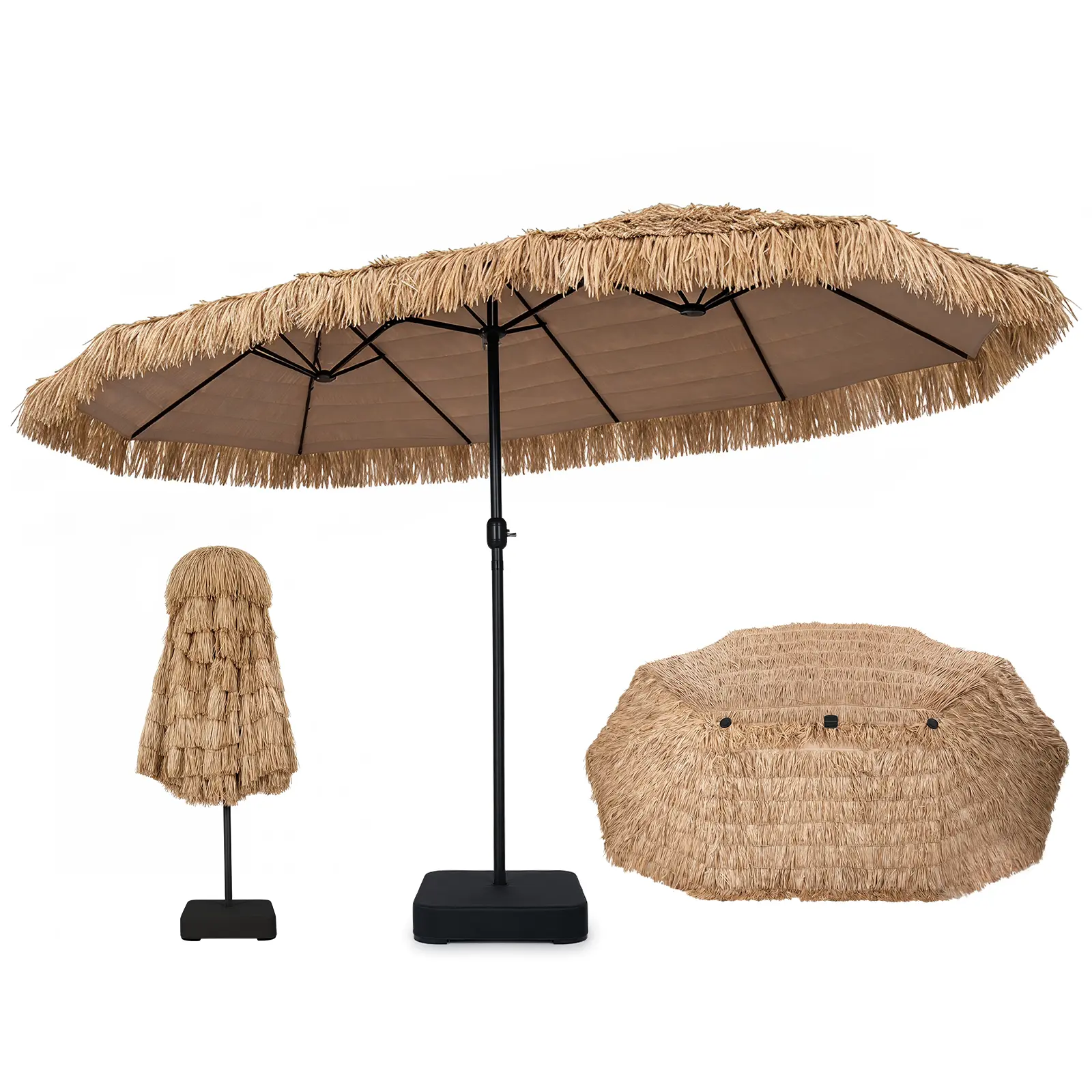 15 FT Solar Tiki Patio Umbrella with Base Included, Double-sided Hawaiian Style Thatched Market Table Umbrella with144 Multi-colored Flowing LED Lights, 12 Modes, Crank Handle, 12 Ribs, PE Grass Outdoor Umbrell for Pool Deck Garden Backyard