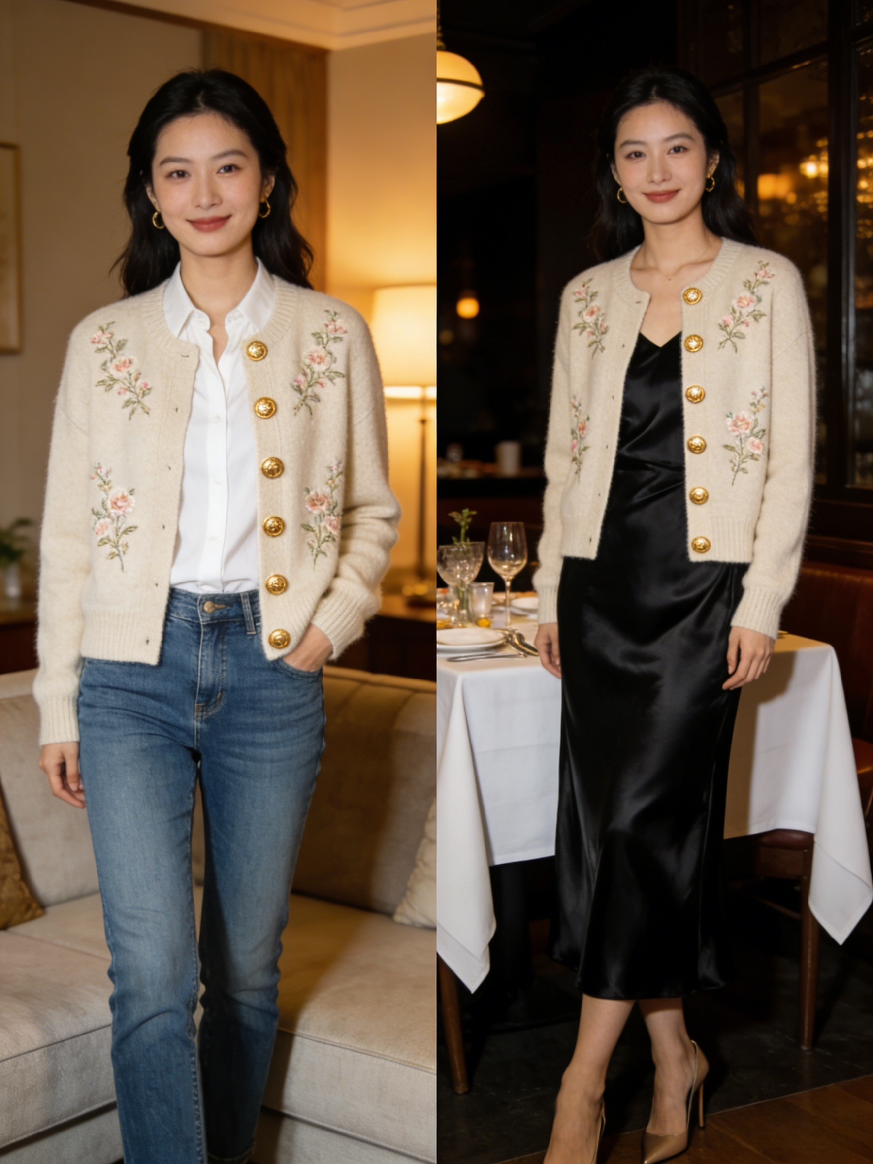 New Beige Embroidered Button Patchwork Cashmere Knit Coats Fall