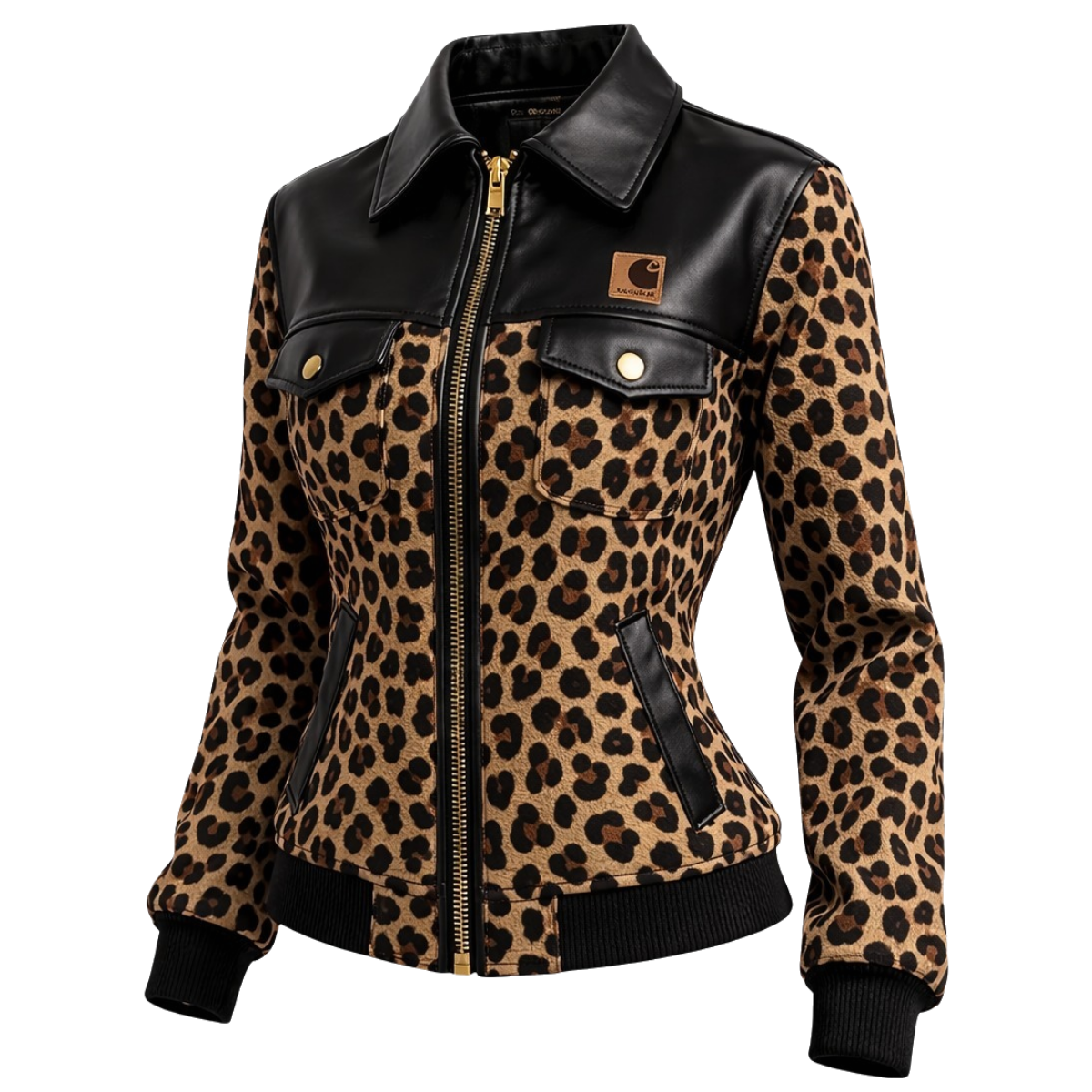 Carhartt®Women's Retro Leather Patchwork Leopard Print Collar Jacket