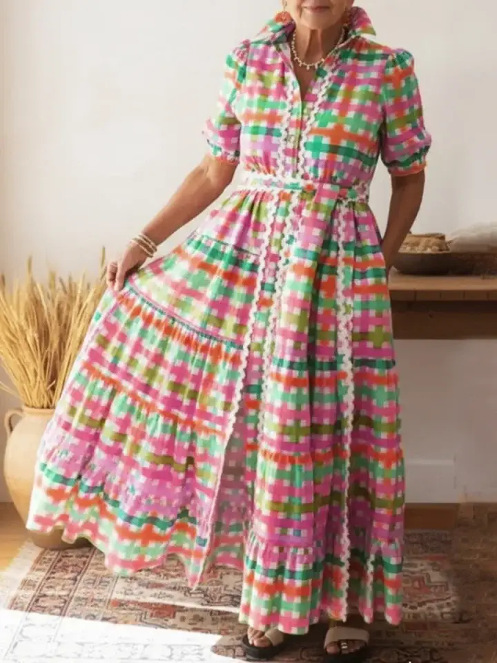 🔥Summer Arrivals🌟Colorful Square Art Print Collared Shirt Dress