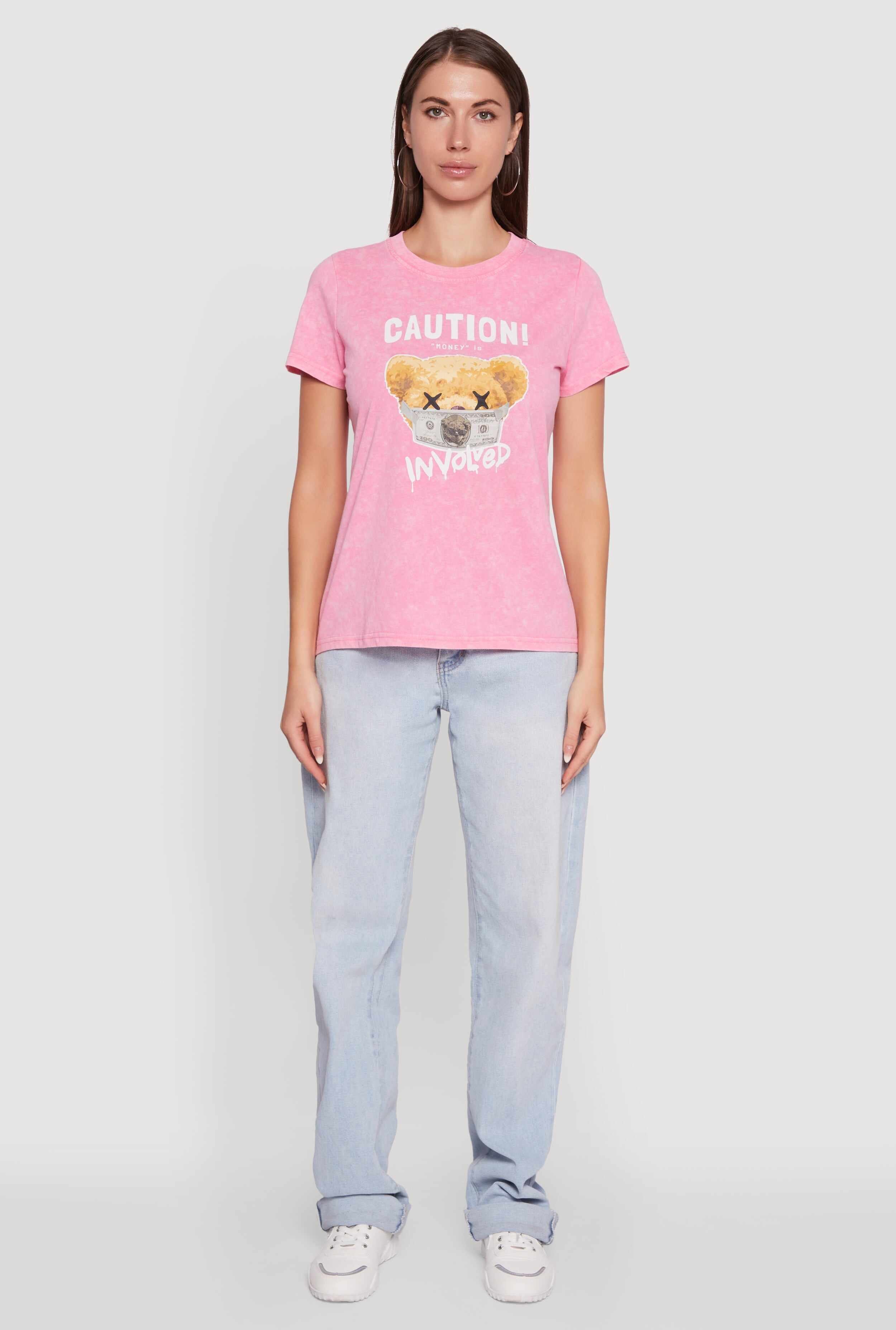 Acid Wash Teddy Bear Caution Graphic Crew Neck Tee