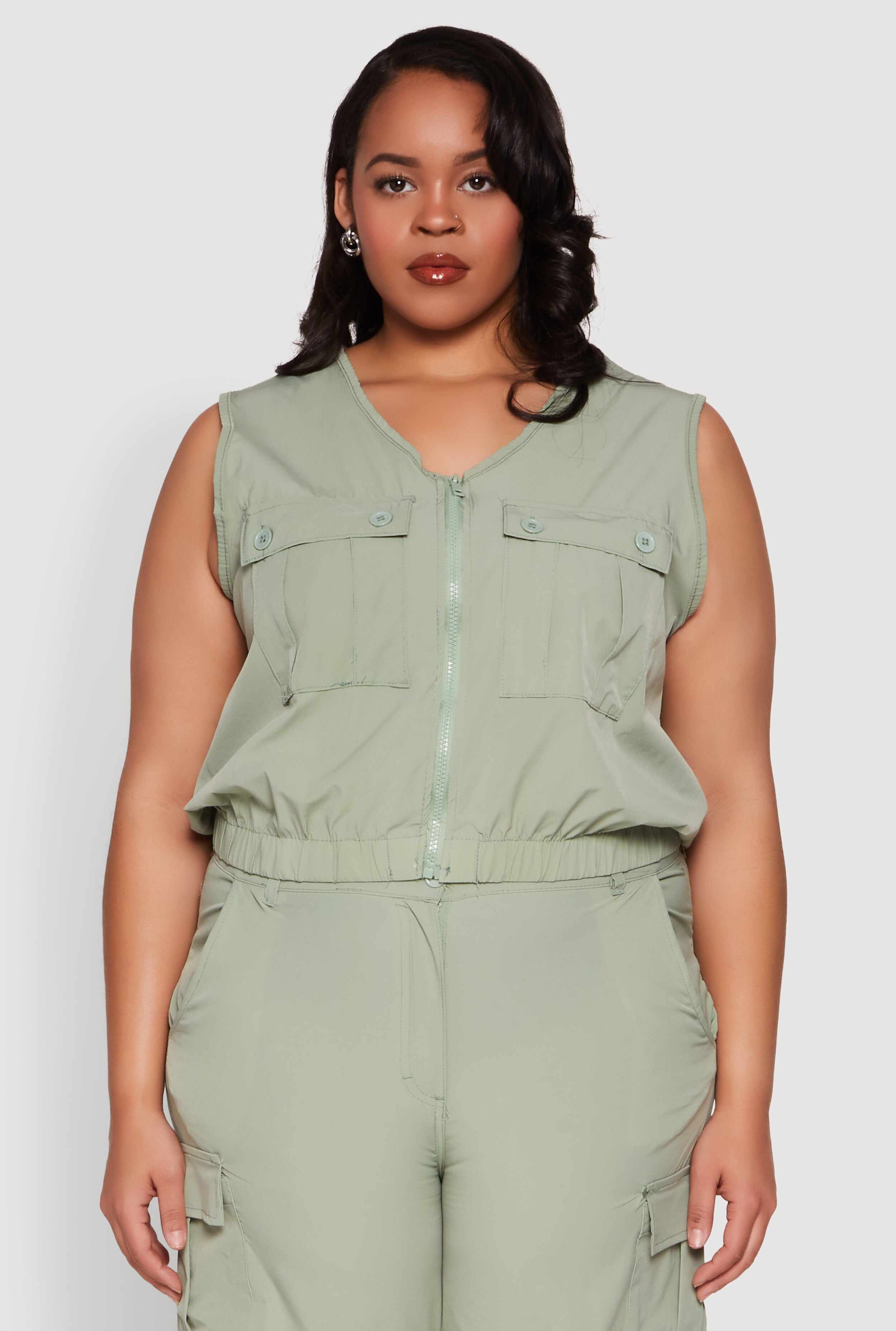 Plus Size Zip Front Cargo Pocket Top