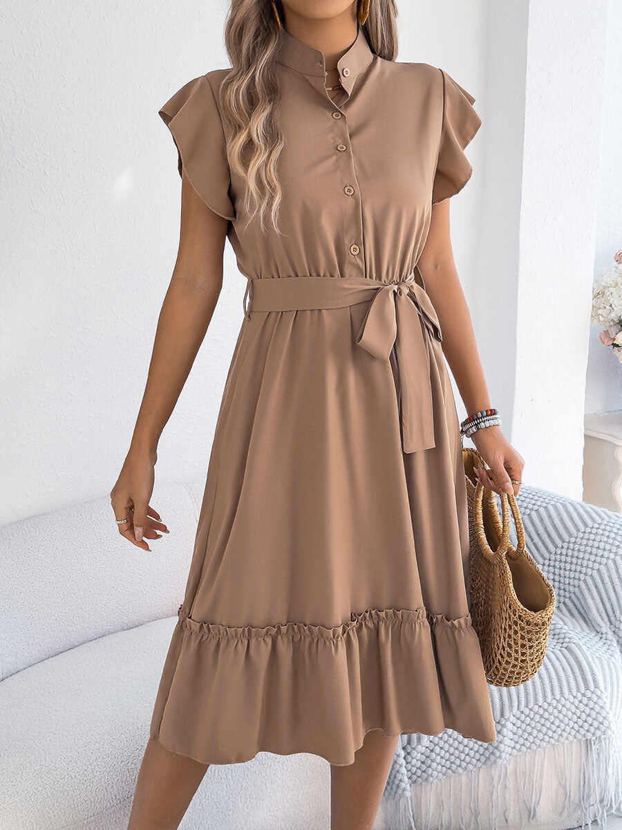 🔥Summer Arrivals🌟Women's Casual Stand-up Collar Ruffled Tie Waist Shirt Dress