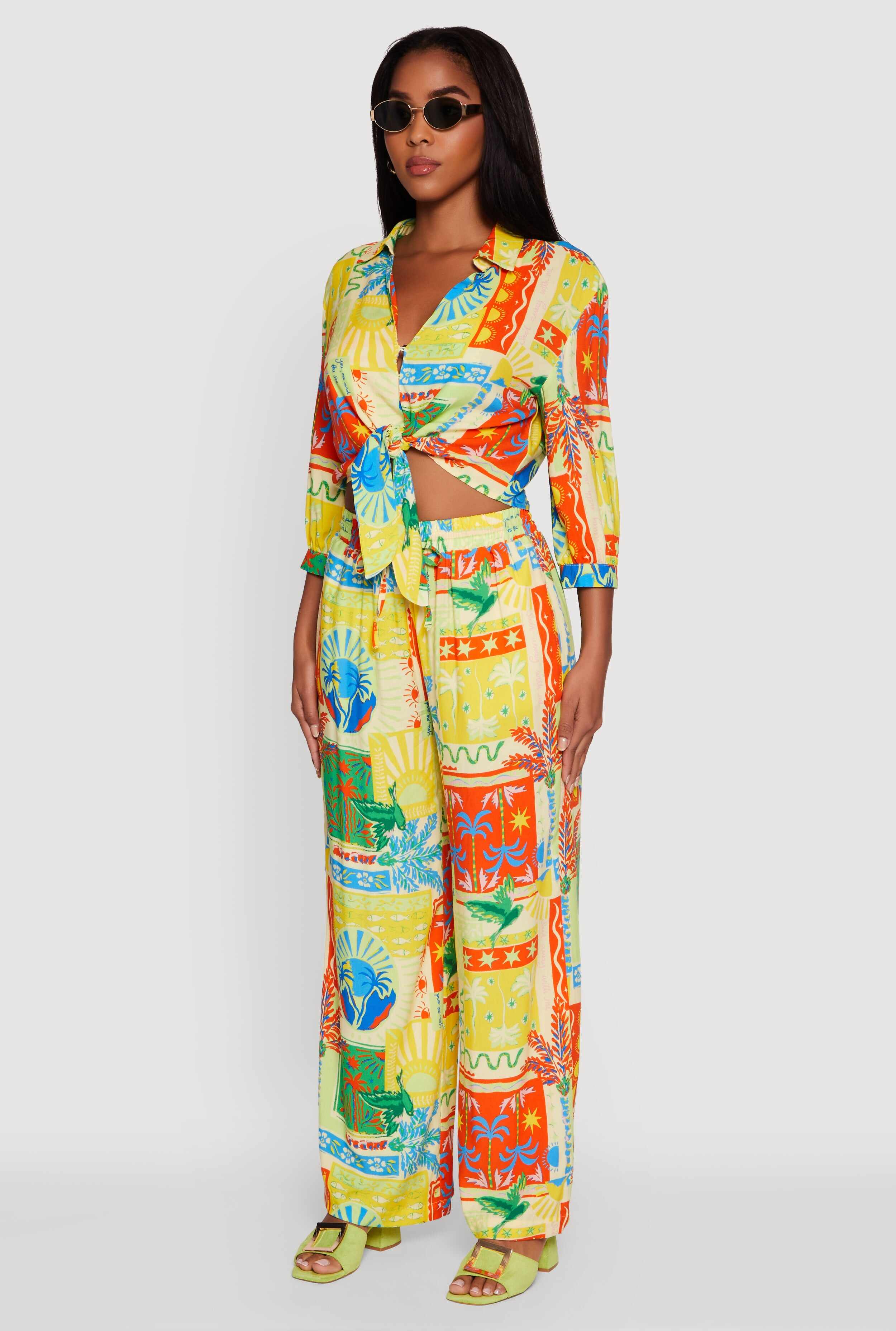 Printed Pattern Tie Front Crop Button Front Blouse