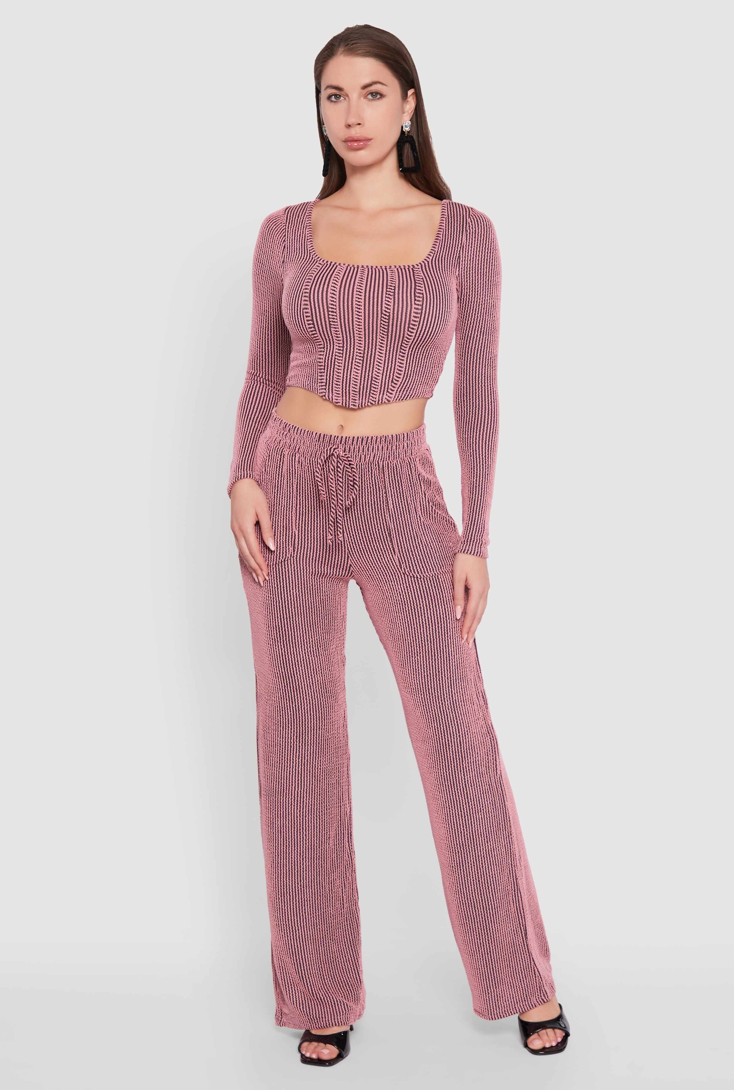 Rib Knit Shadow Stripe Corset Detail Crop Top