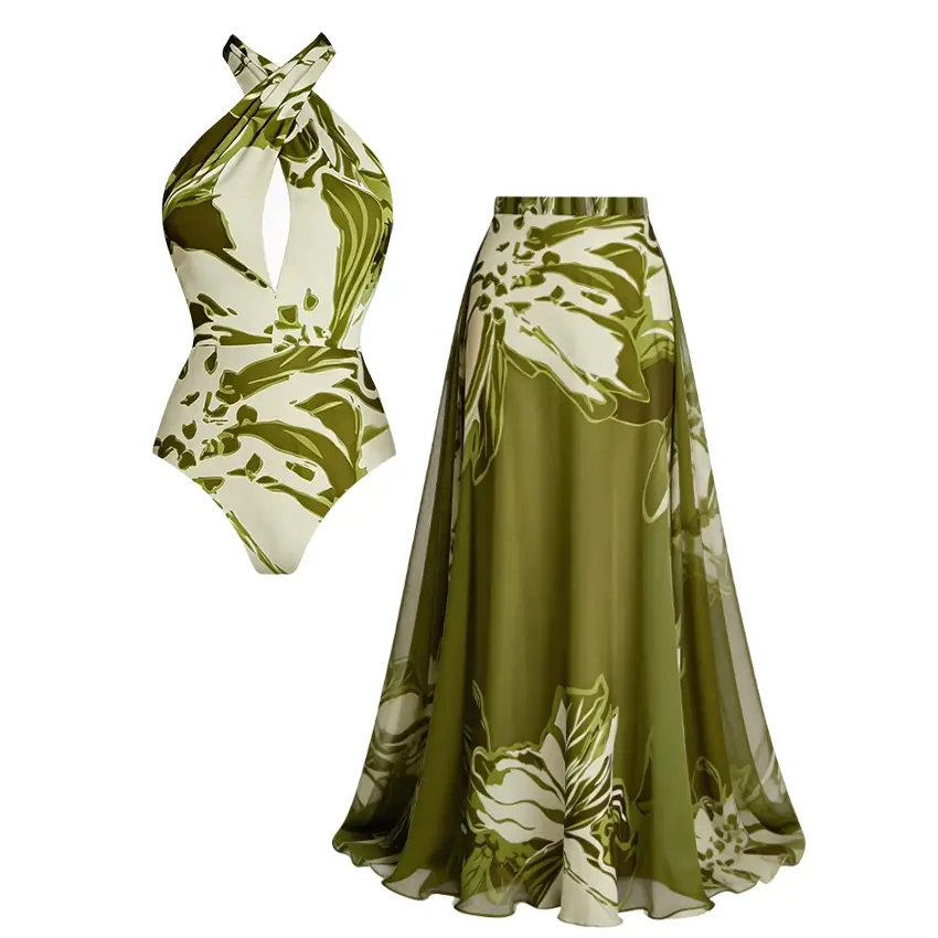 Green & White Halter Neck Swimsuit Set