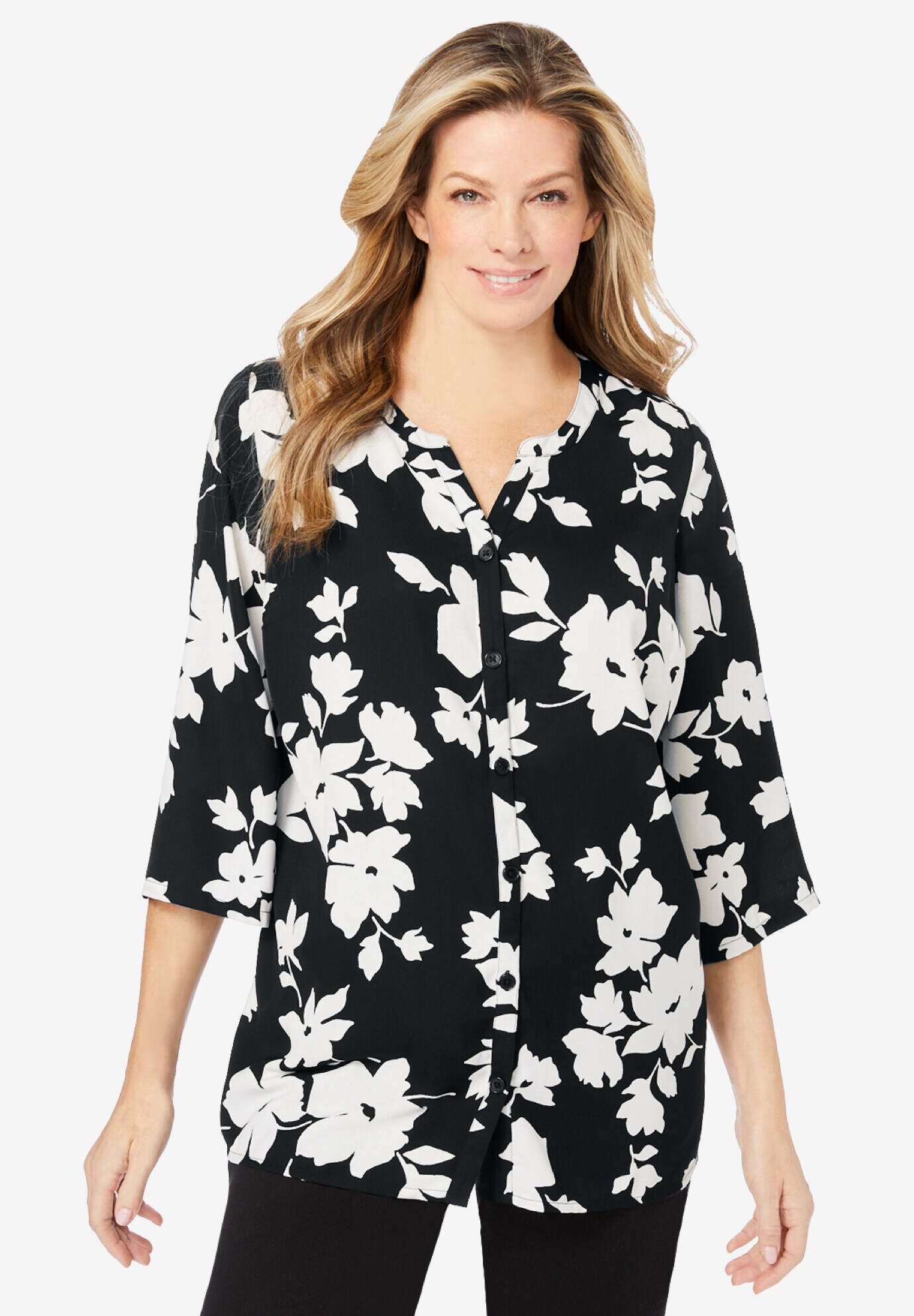 Y-Neck Button Front Blouse
