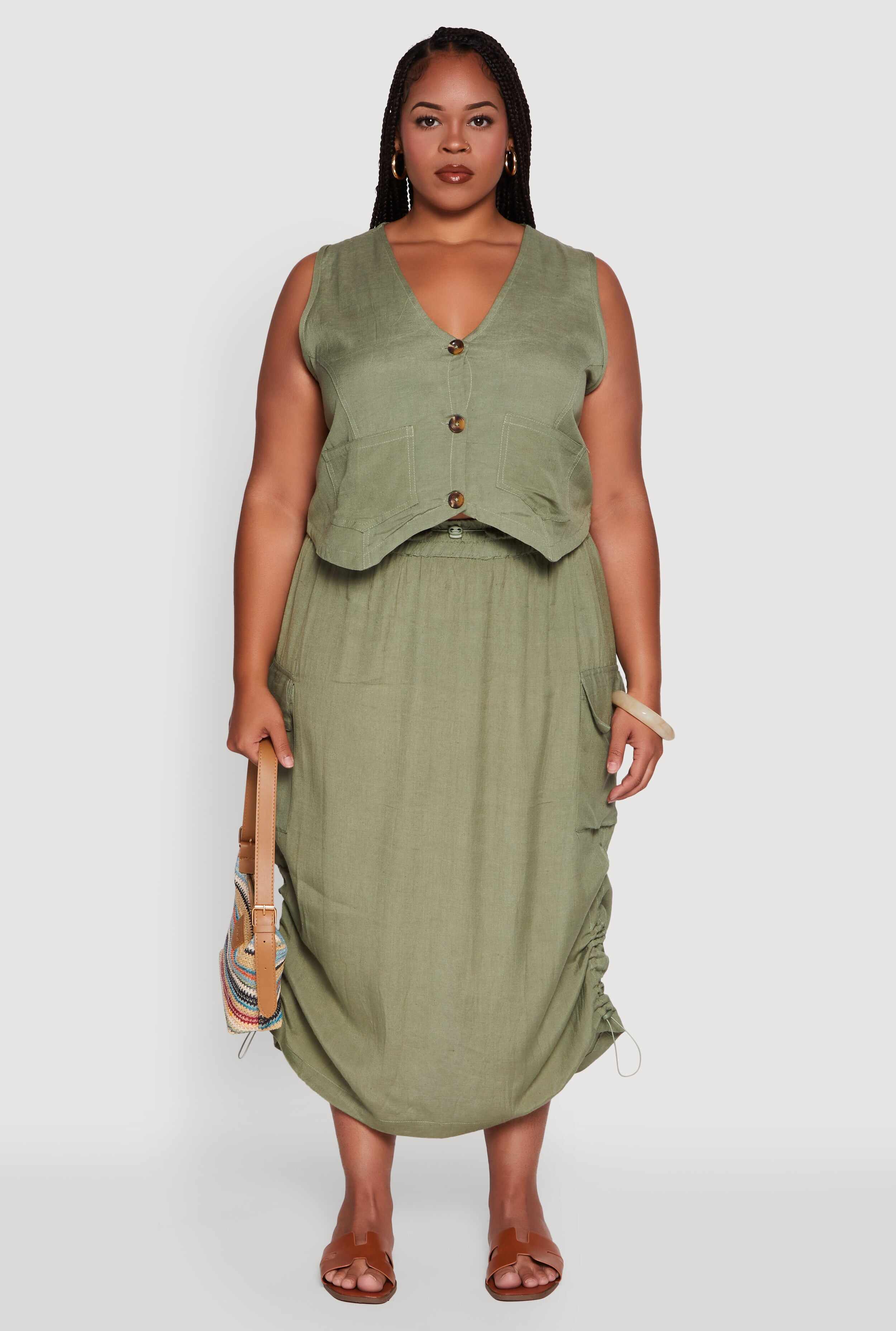 Plus Size High Waisted Toggle Drawstring Hem Linen Skirt with Ruching