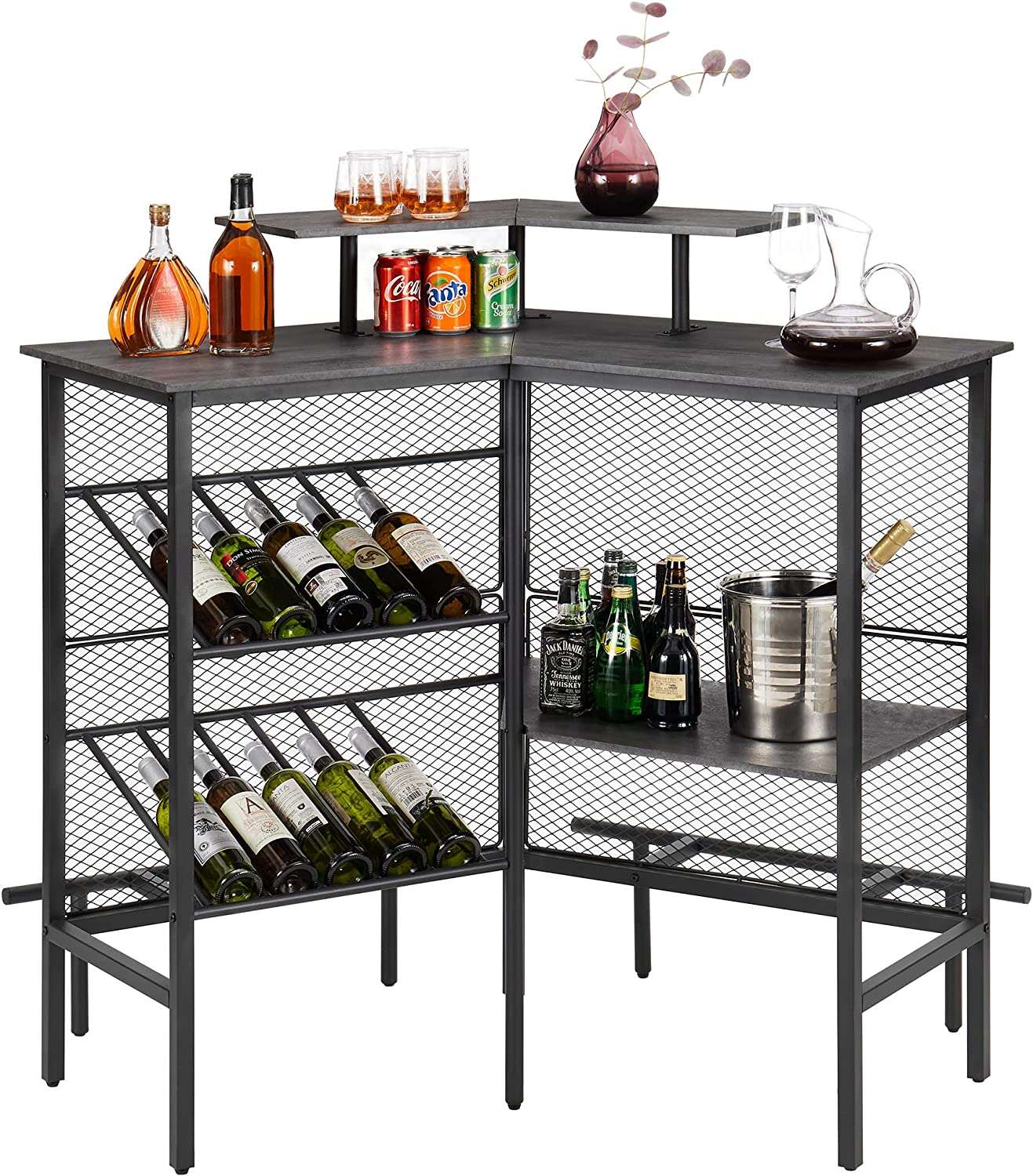 VECELO Bar Unit, 3 Tier Liquor Cabinet with Metal Mesh Front