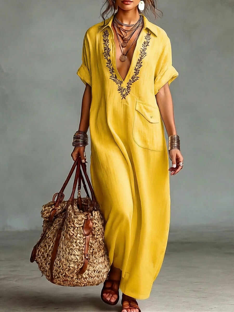 🔥Summer Arrivals🌟Loose-fitting V-neck Linen And Cotton Dress