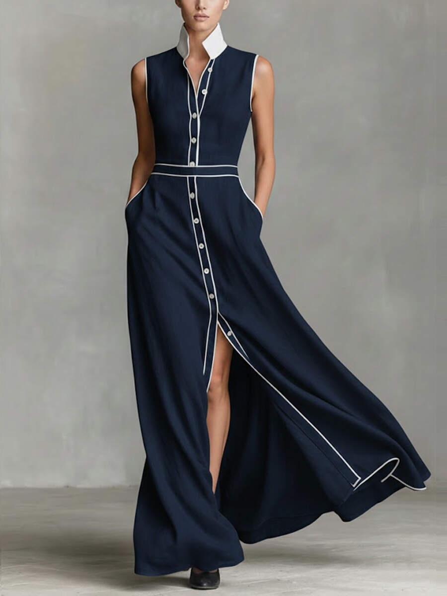 🔥Summer Arrivals🌟Women's Collared Sleeveless Casual Loose Long Cotton Linen Dress