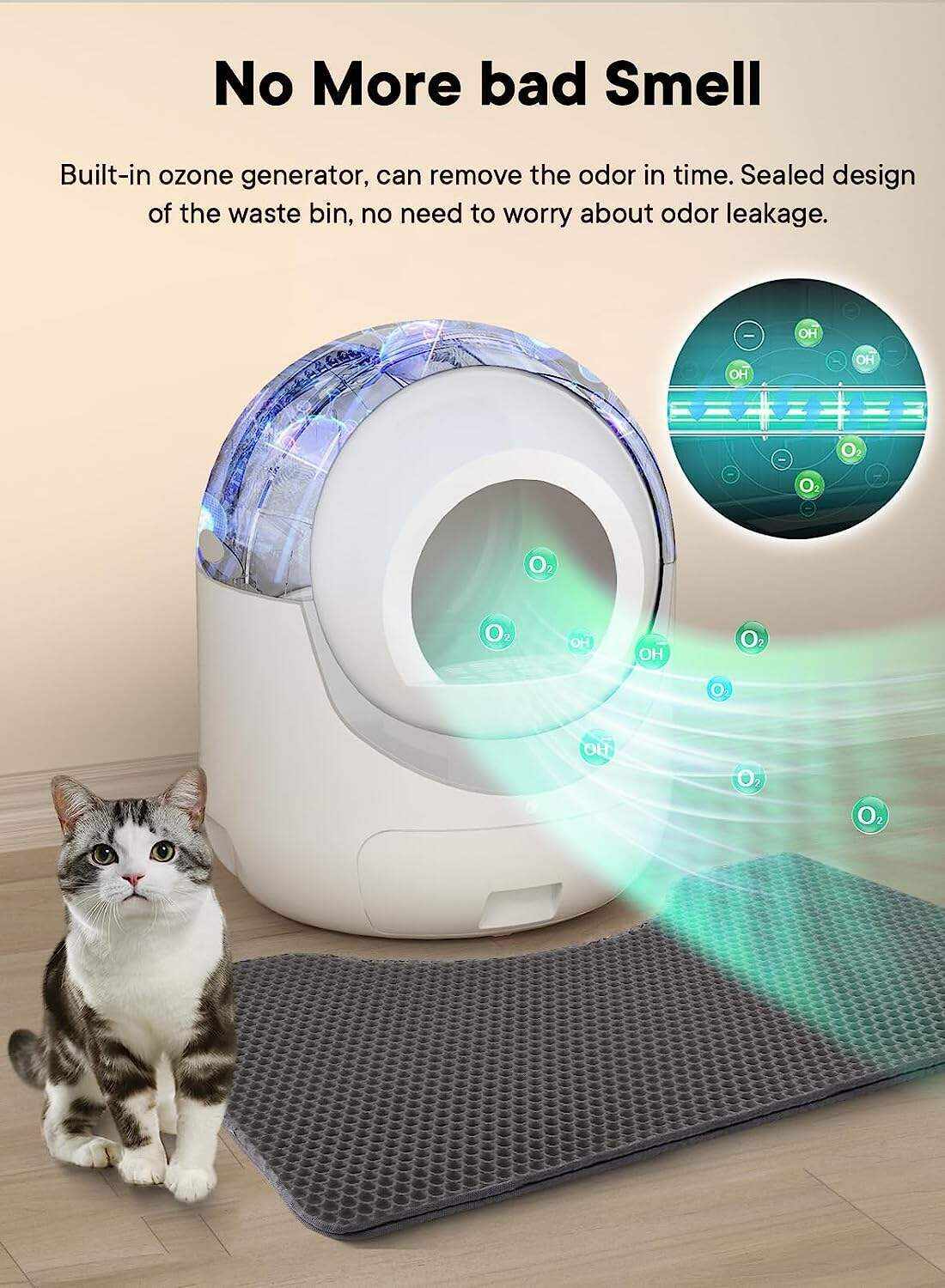 Self Cleaning Cat Litter Box - Anti-Pinch/Odor-Removal Design Automatic Cat Litter Box, Extra Large for Multiple Cats, All Litter Can Use, Easy Clean, with Garbage Bags/Mats, Smart App Control