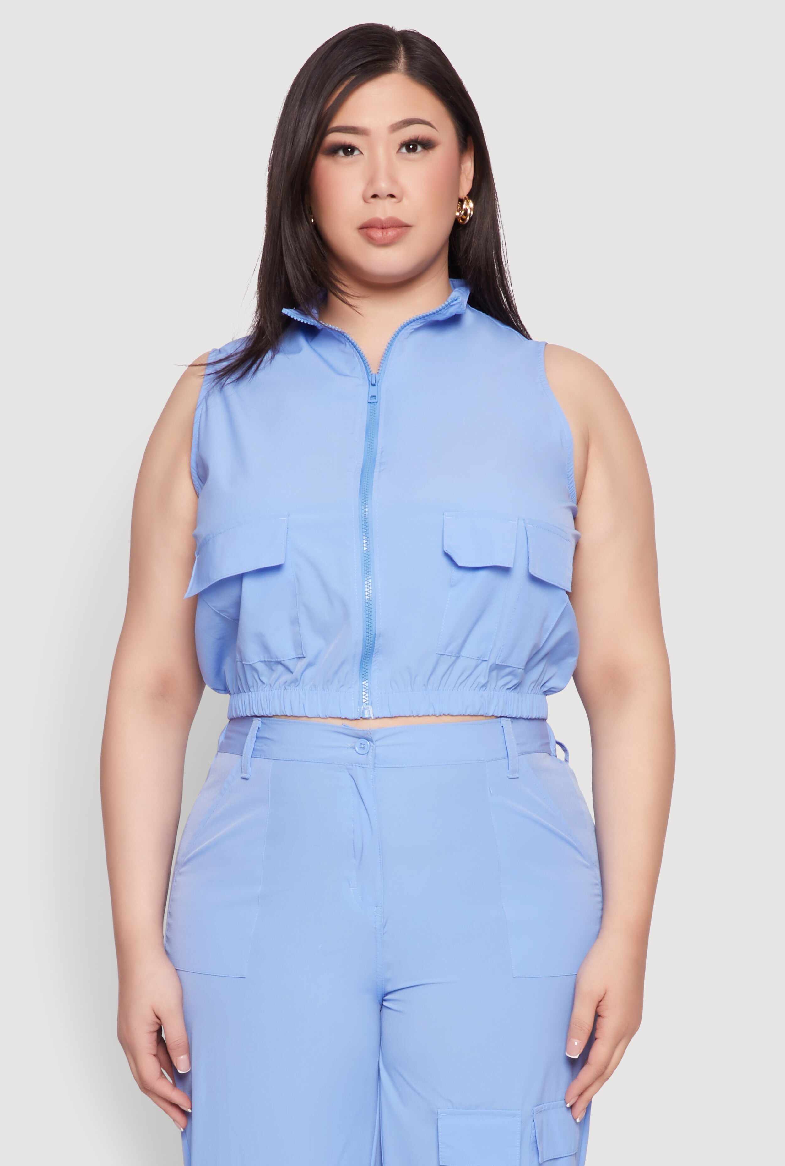 Plus Size Sleeveless Utility Zip Front Top