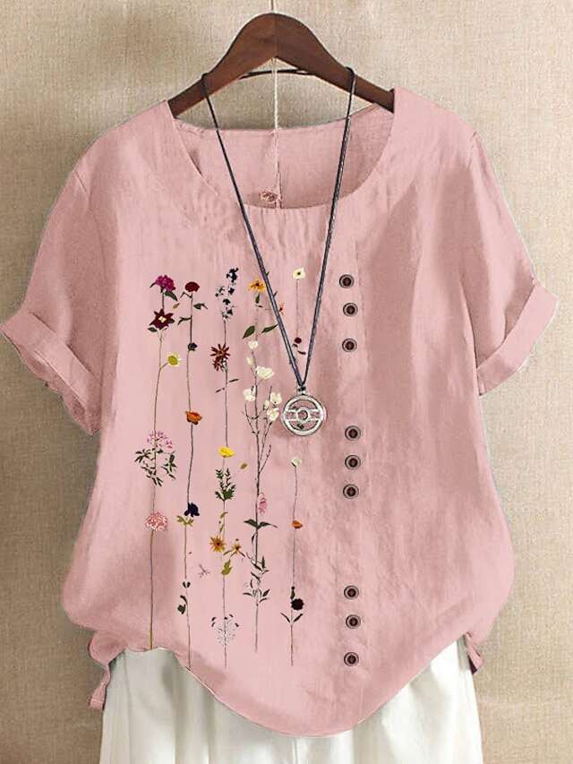 Women's Shirt Blouse White Pink Blue Floral Print Short Sleeve Holiday Casual Round Neck Regular Linen Floral S