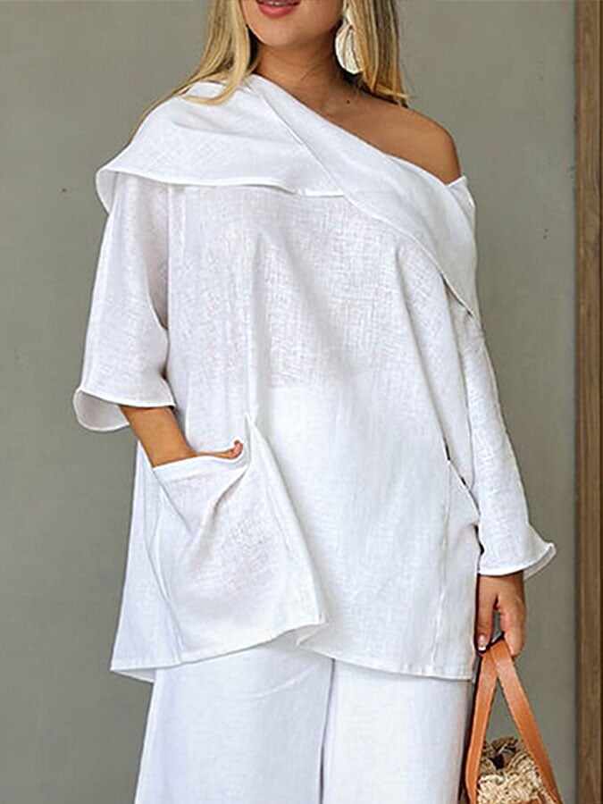 Women's Casual Solid Color Long Sleeve Cotton and Linen Top