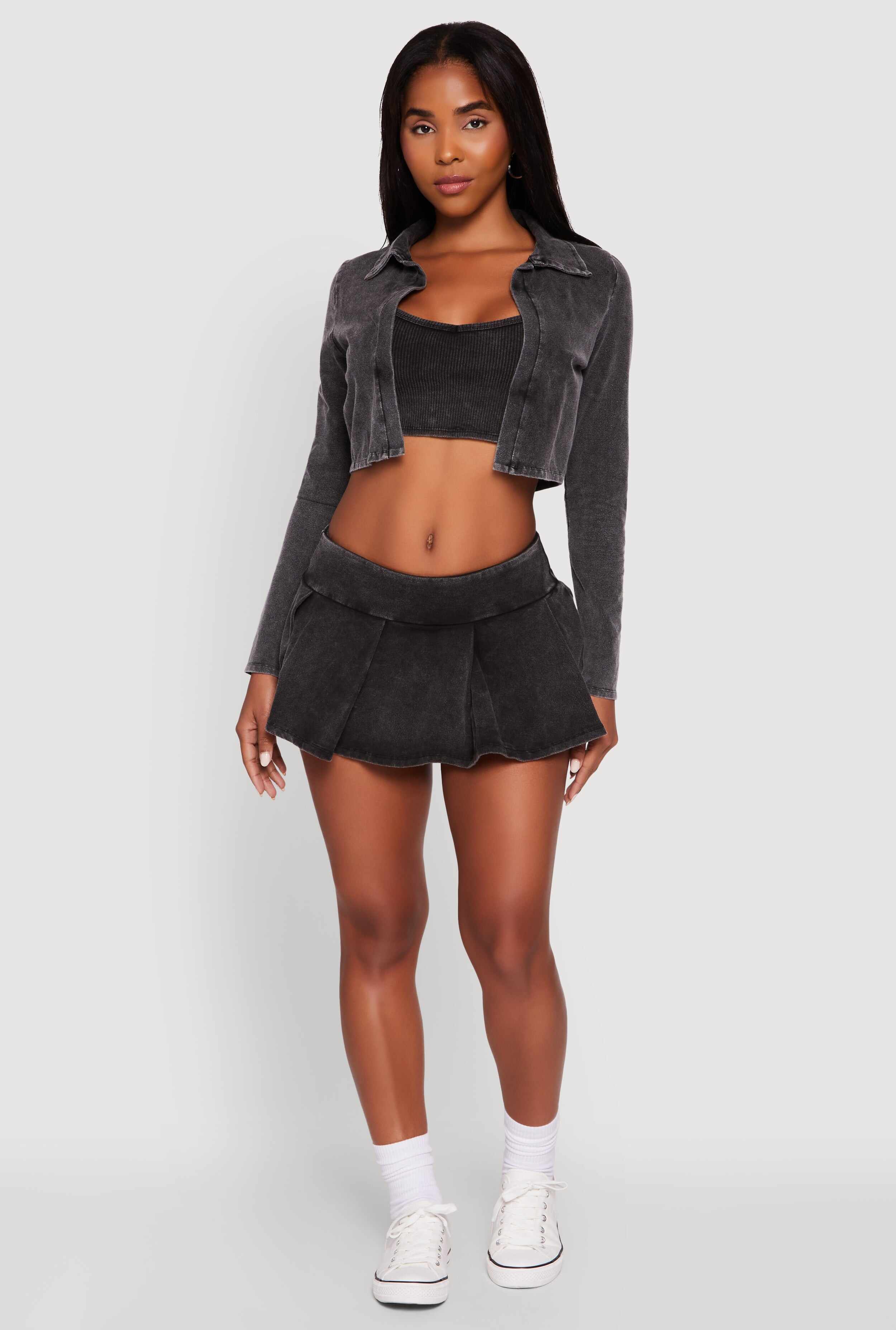 Acid Wash Cropped Rib Knit Cami with Long Sleeve Jacket