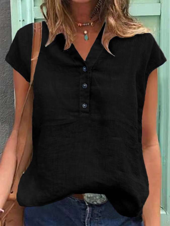 Women's Casual Solid Color Button V-Neck Cotton Linen Shirt