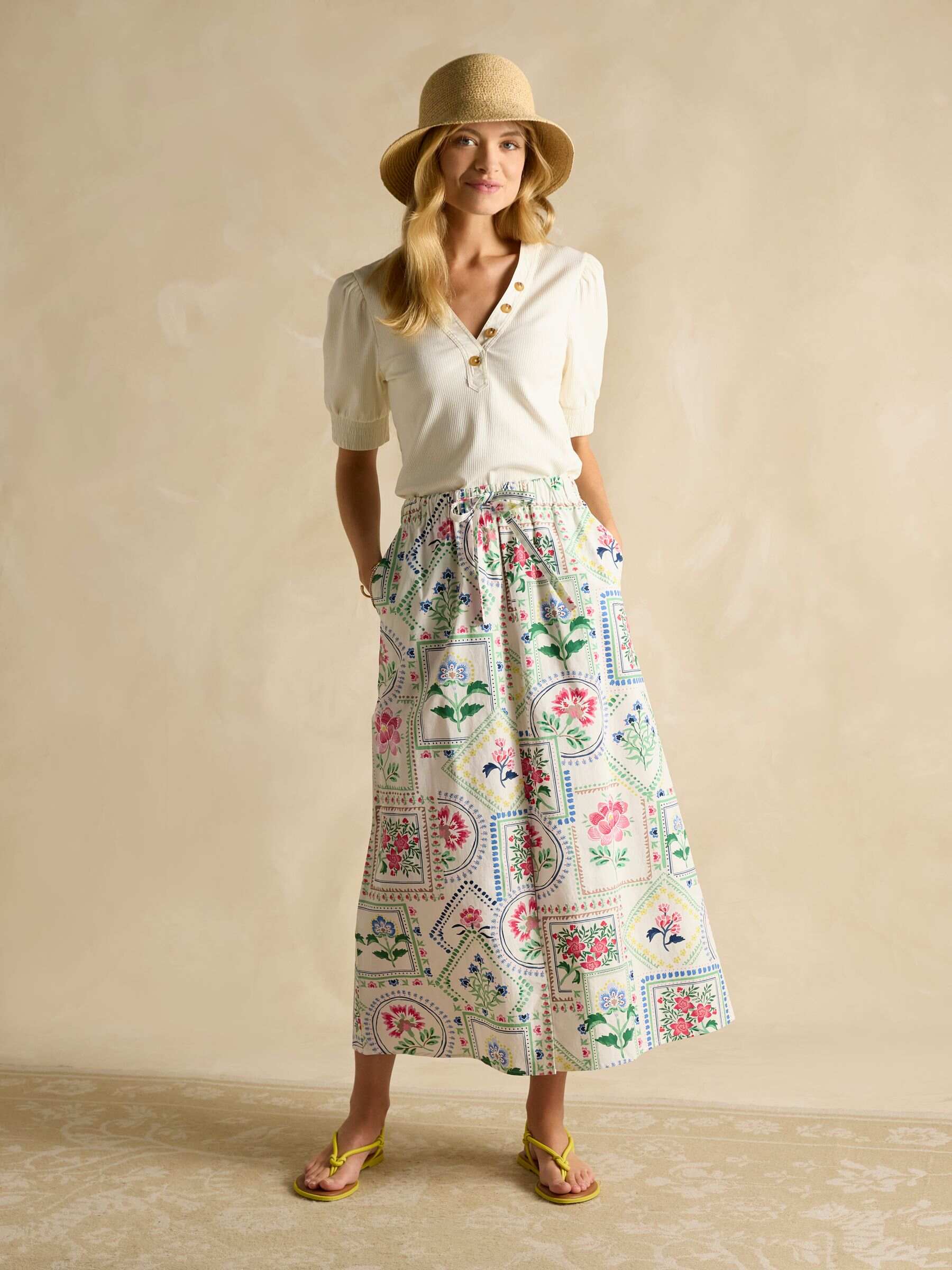 Cream Tile Print Cotton Poplin Midi Skirt