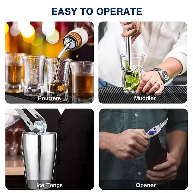 Insulated Cocktail Shaker Bartender Kit Cocktail Shaker Mixer Stainless Steel 350ml Bar Tool Set with Stylish Bamboo Stand Perfect Home Bartending Kit and Martini Cocktail Shaker Set