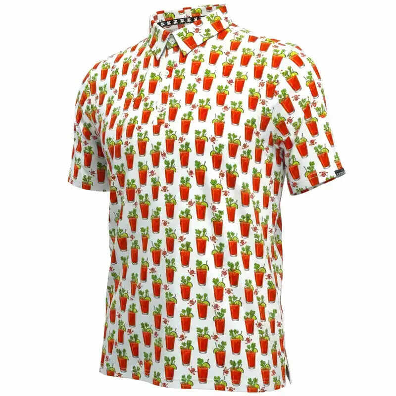 19th Hole Bloody Mary Cool Stretch Men's Golf Shirt (White/Red)