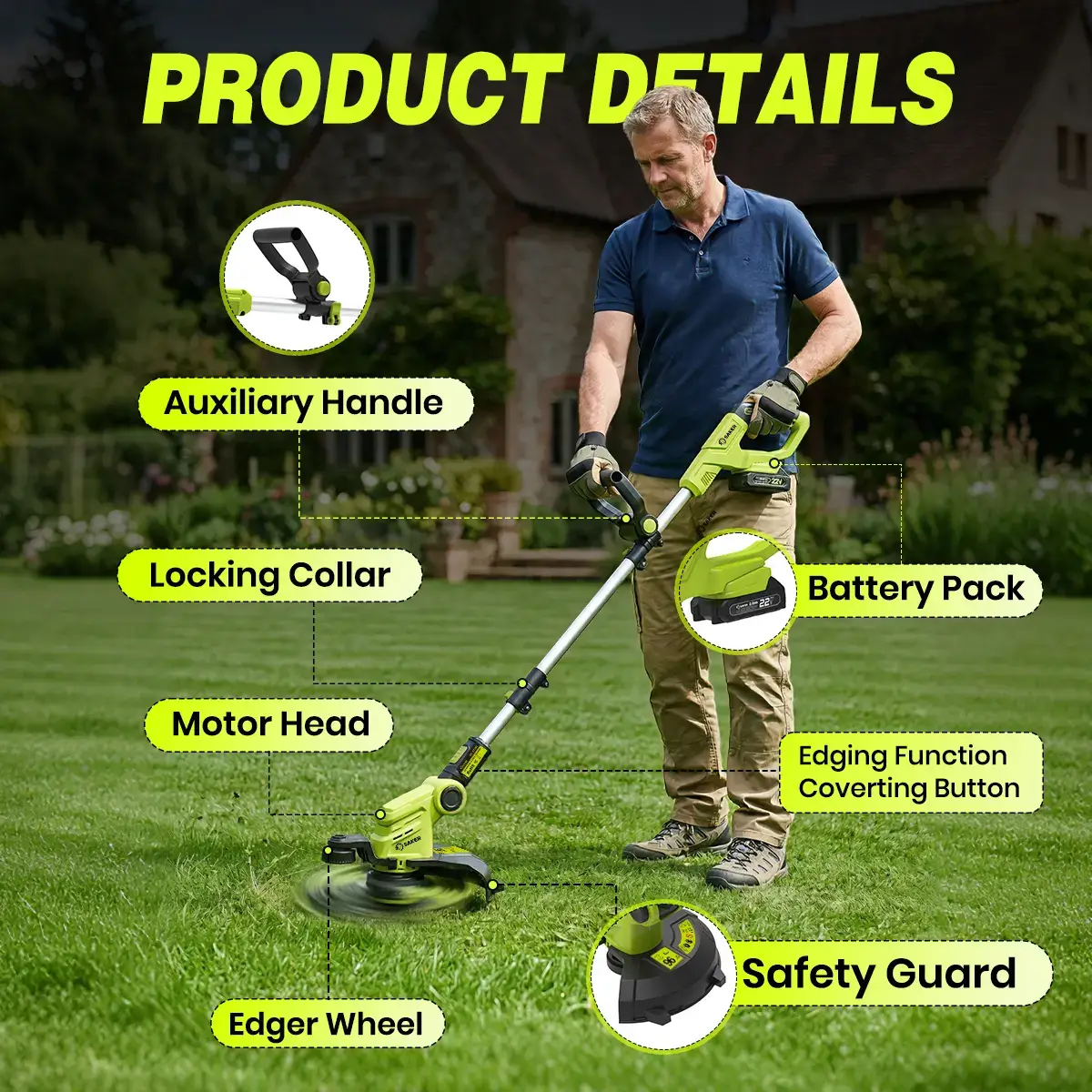 22V 12-in Cordless Lawn Mower, 3-in-1 Garden Tool (Mower, Trimmer, Edger) with Auto Cord Feed, 2×2.0Ah Batteries, Lightweight for Small to Medium Backyards