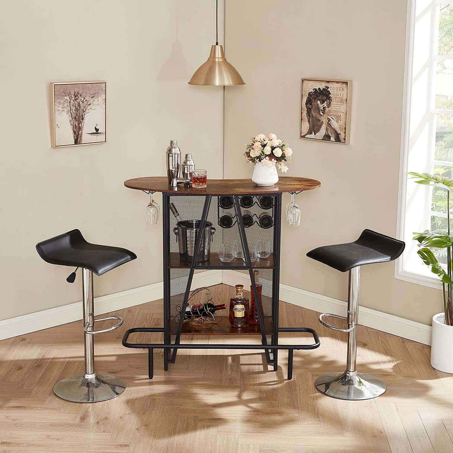 VECELO Bar Unit with Metal Mesh Front, 3-Tier Wine Rack Table with Glasses Holder