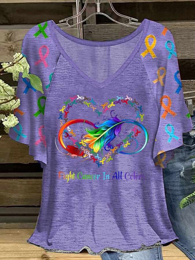 Women's Fight Cancer In All Colors Ruffle Sleeve T-Shirt