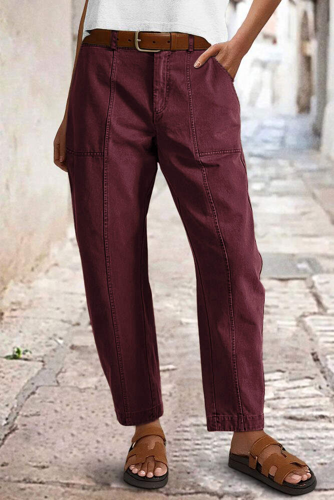 🔥 Last Day For Clearance！ !10 packs only $32!Solid Stitch Detail Mid Waist Barrel Leg Pants Without Belt
