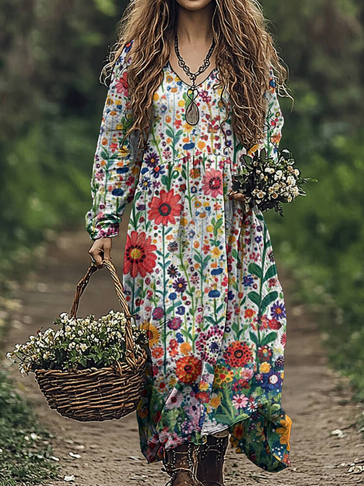 Women's Vintage Flowers Embroidered Linen Blend Maxi Dress