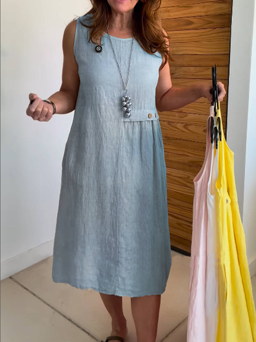 🔥Summer Arrivals🌟Women's Round Neck Pocket Cotton and Linen Dress