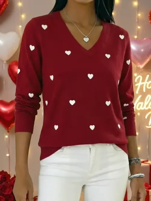 🔥Summer Arrivals🌟Women's Valentine's Day Heart Jacquard V-neck Long-sleeved Knit Sweater