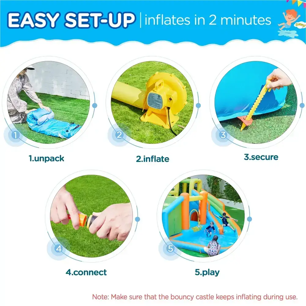 8-in-1 Inflatable Bounce House with Splash Pool, Slide, Climbing Wall, and Market Stand for Kids Ages 3-10, 520W Blower, Portable & Multifunctional Playground Set