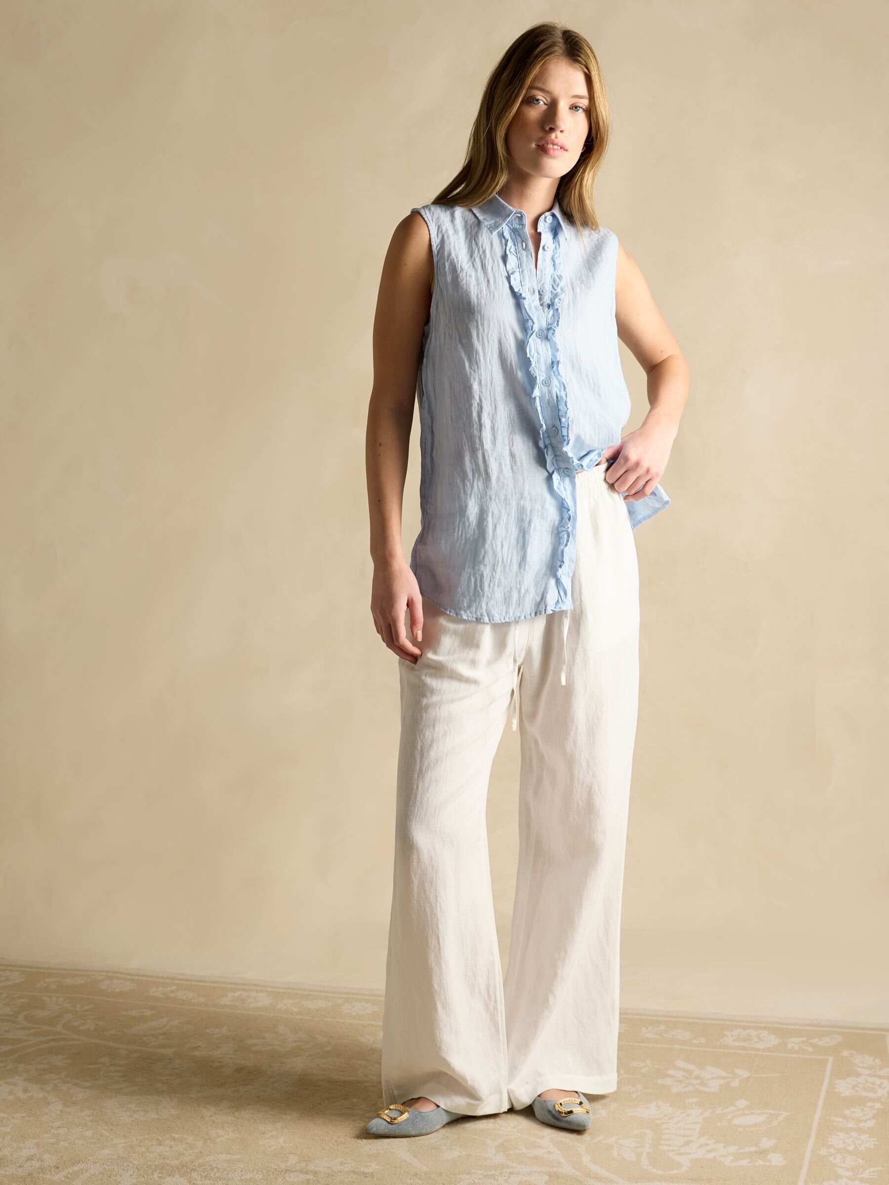 Selene Blue 100% Linen Sleeveless Shirt