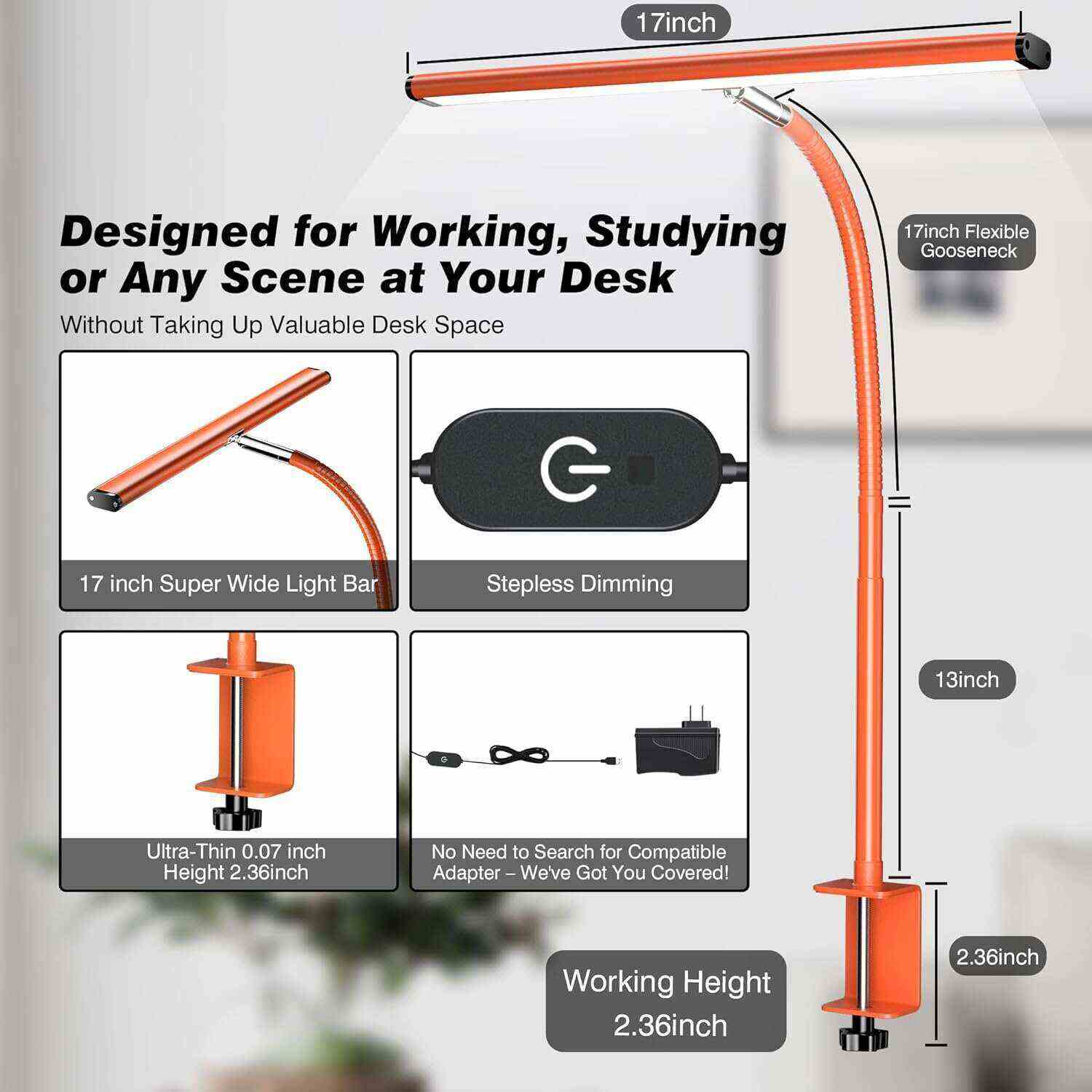 LED Desk Lamp for Office Home, Eye-Caring Desk Light with Stepless Dimming Adjustable Flexible Gooseneck, 10W USB Adapter Desk Lamp with Clamp for Reading, Study, Workbench (Black)