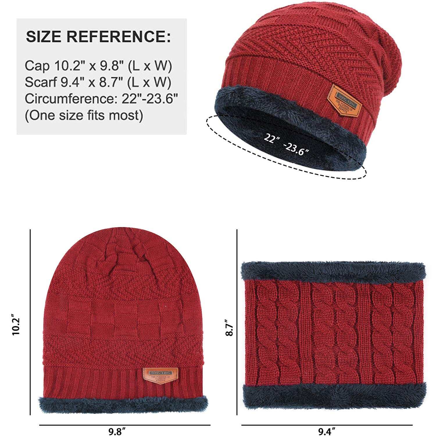 Mens Womens Winter Beanie Hat Scarf Set Warm Knit Hat Thick Fleece Lined Winter Cap