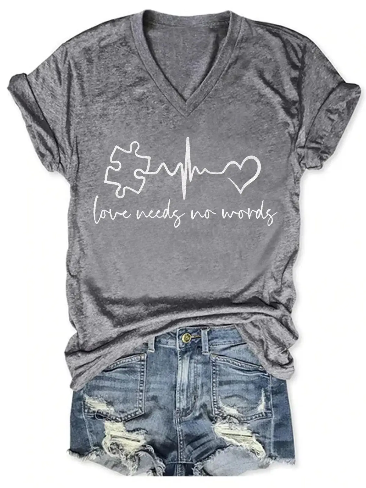 Autism Awareness Love Needs No Word Casual Print T-shirt