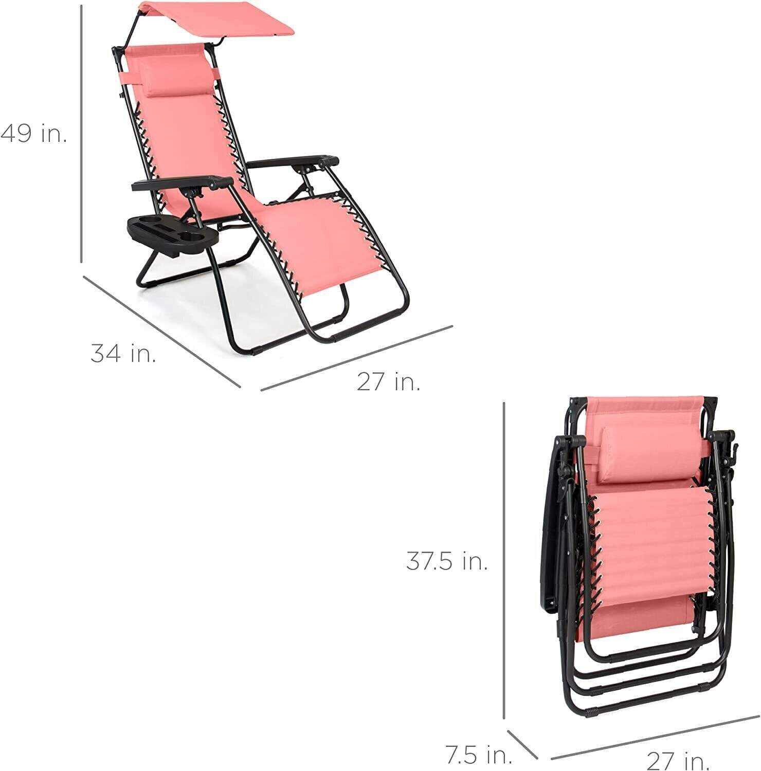 Folding Zero Gravity Recliner Patio Lounge Chair w/Adjustable Canopy Shade, Headrest, Side Accessory Tray, Textilene Mesh - Beige
