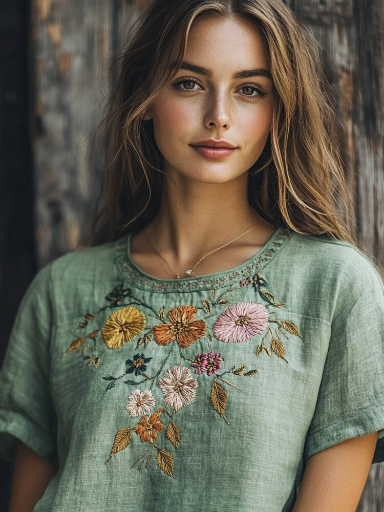 Boho Ethnic Floral Embroidery Women's Linen T-shirt