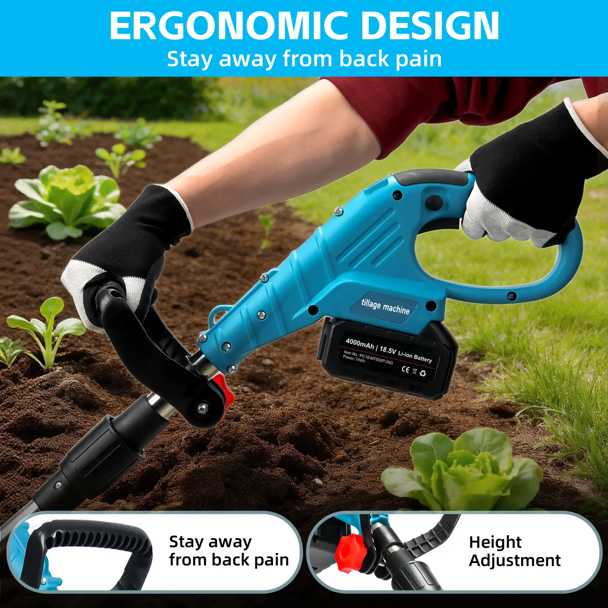 18.5V Cordless Tiller Cultivator, 360RPM Electric Garden Tiller, with 2 * 4.0Ah Batteries & Charger, 9In Tilling Width and 6.6In Depth Garden Rototiller for Lawn/Gardening/Soil Cultivation Tool Handle
