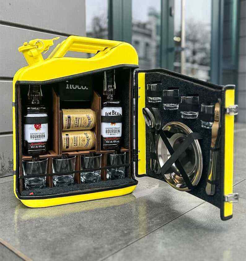 20 L Yellow Jerry Can Mini Bar, Metal Mini Bar With Wood Inside With Picnic Set, Custom Fuel Bar, Canister Bar Jerry Can, Gift For Him