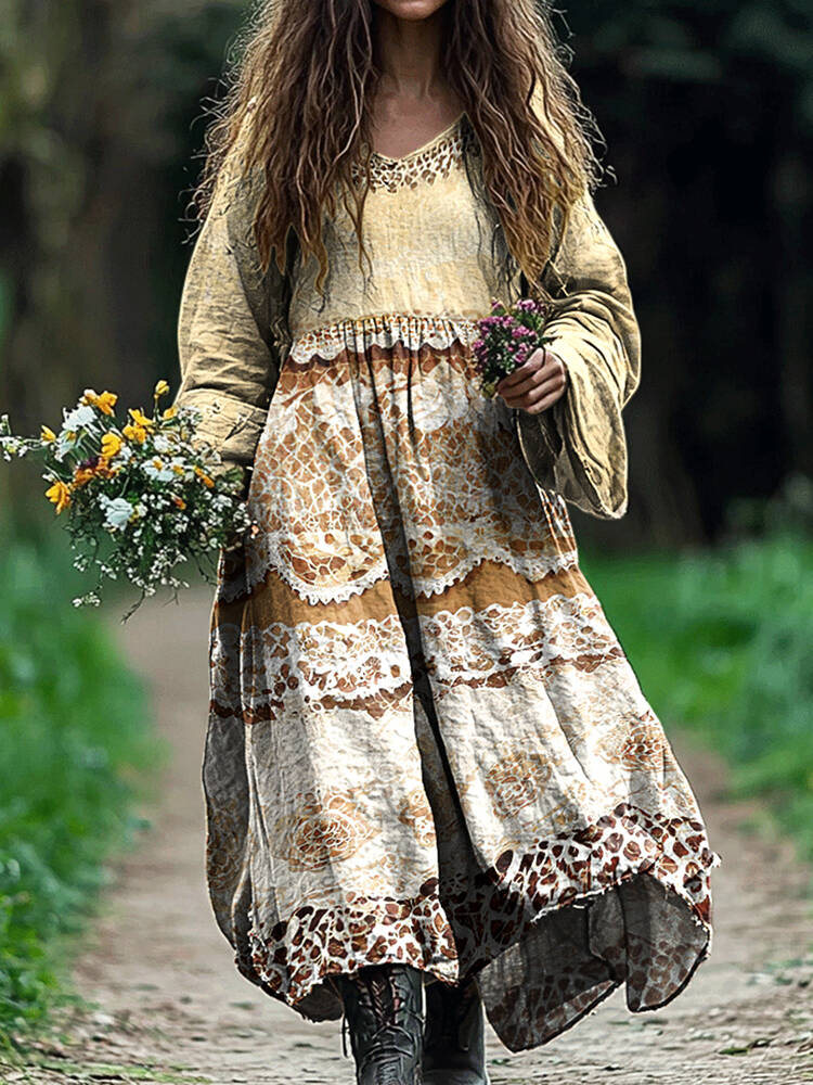 Vintage Lace Floral Linen Blend Maxi Dress
