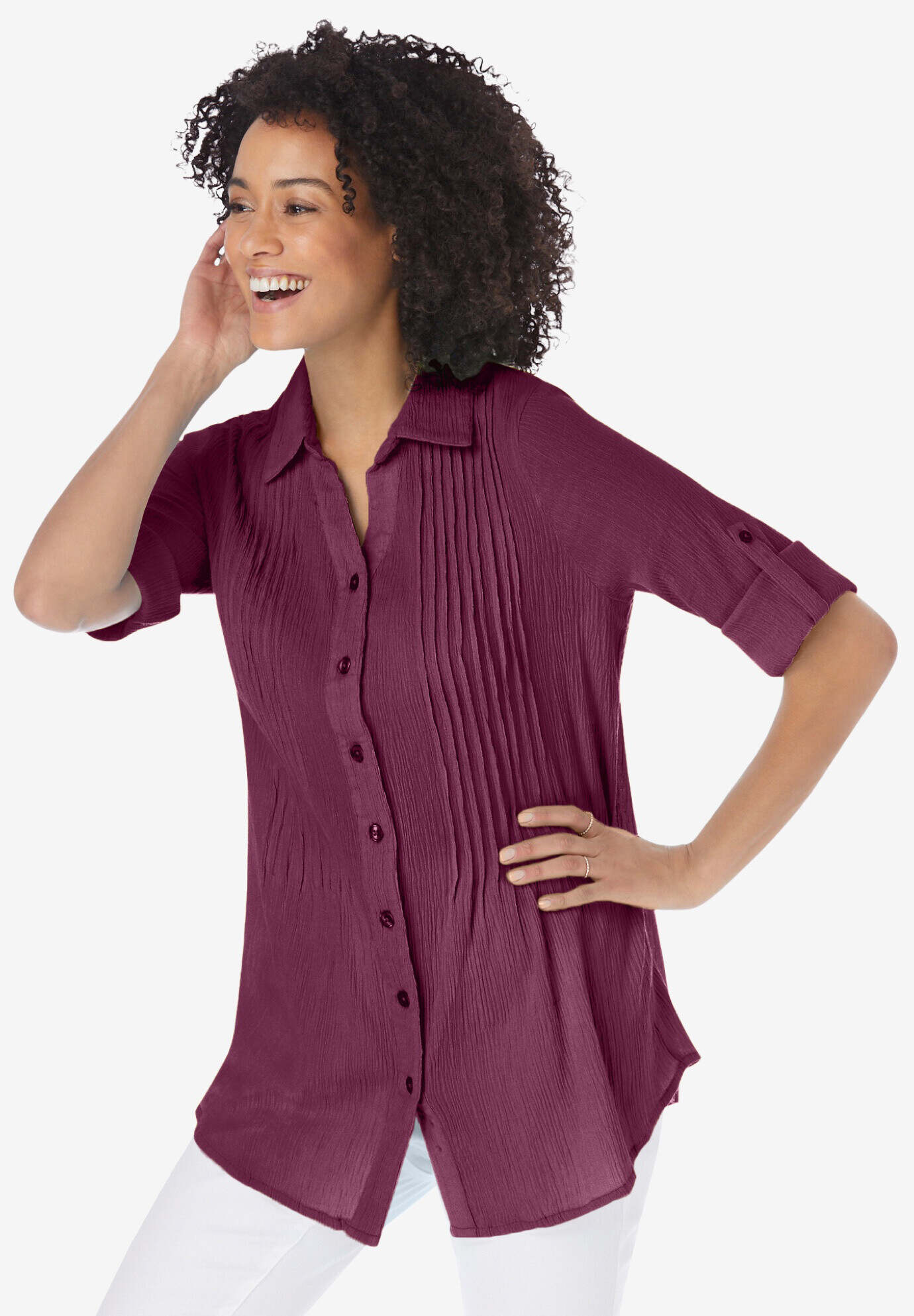 Pintucked Button Down Gauze Shirt